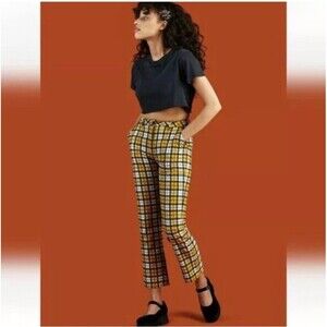 Unif Dawson Yellow Plaid Pants Women’s 24 High Waisted Cropped Straight Cotton